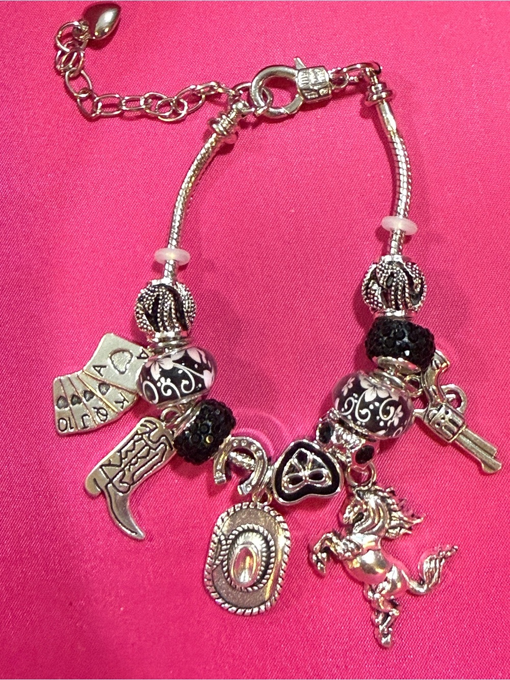 Silver-Tone Western Charm Bracelet with Black and White Beads